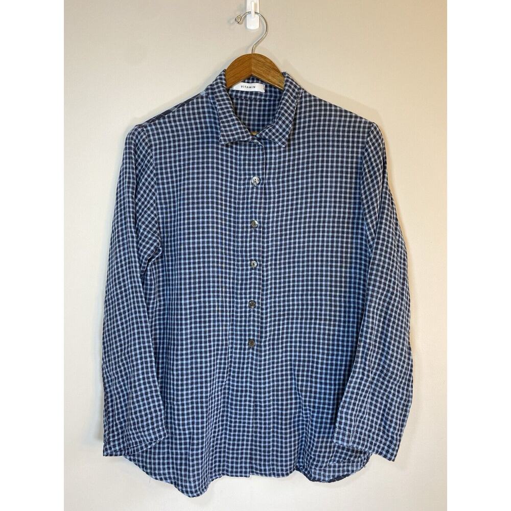 Vitamin Shirt Blue Check Button Up Mixed Print Cotton USA Made‎ Pocket